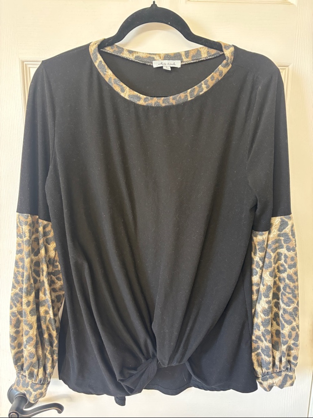 white birch Black Long-Sleeve Top with Leopard Trim